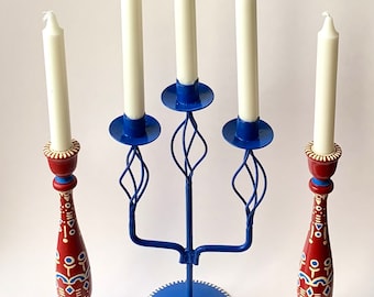 3 Piece Set, Metal Candelabra, Wooden Candlestick Holders, painted Pattern, Folk, Hygge, Scandinavian Inspired, Celebration, Shabbat, Boho