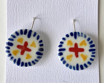 Lightweight Earrings White Circle Porcelain Clay Patterned Drop Sterling Silver Red Yellow Blue OOAK Ethnic