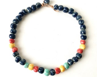 Cheerful Navy Blue, Turquoise, Red & Yellow Handmade Bead Choker Necklace