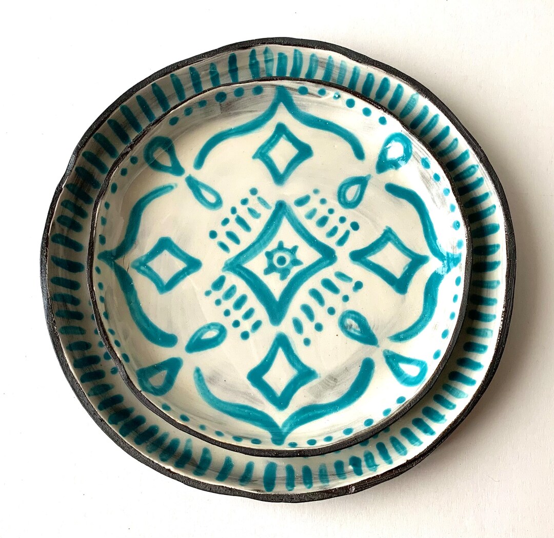 Set of 2 Small Turquoise & White Black Stoneware Clay Decorative ...