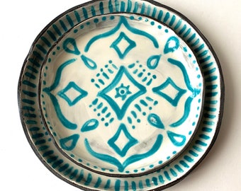 Set of 2 Small Turquoise & White Black Stoneware Clay Decorative Patterned Plates