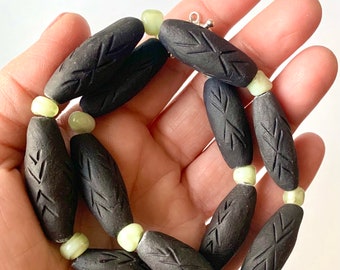 Matte Black Clay & Pale Green Lampworked Bead Statement Necklace