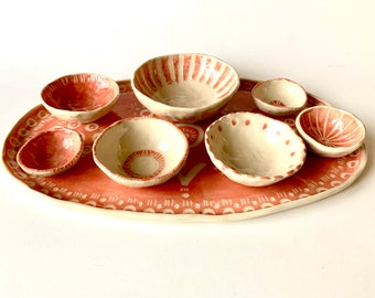 Porcelain Mise en Place Grazing Set, Platter & Bowls Salmon Coral Color, Sgraffito, Snack, Charcuterie