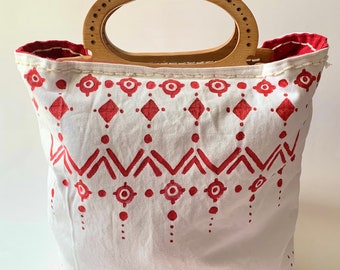 Reversible Tote, 4 Sided Handmade Bag, Wood Burned Handles, Canvas, Embroidery, Hand Patterned, Red, Cream, Purse, Market, OOAK, Hygge, Boho