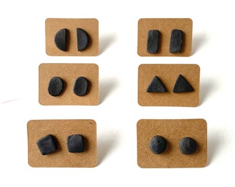 2 PAIRS Stud Earrings Rustic Matte Black Stoneware Clay Ceramic Lightweight Half Circle Rectangle Square Triangle Pebble Basic Shapes Symbol