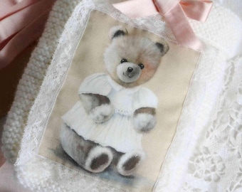 French teddy bear  quilt panel, baby bedroom decor fabric panel, shabby chic material