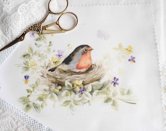 Shabby chic bird and flowers decorative quilt panel, silk ribbon embroidery pattern, shabby chic material