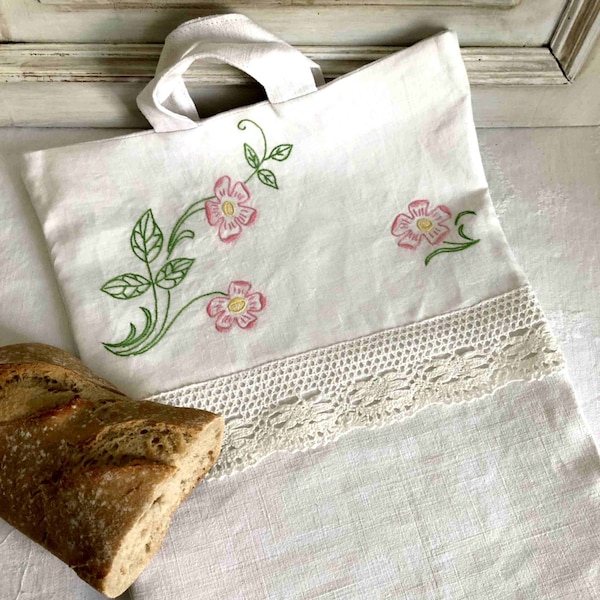 Sac à pain brodé tissu chanvre, cuisine shabby chic