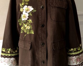 Embellished vintage woman jacket, size XL, boho style hand painted jacket