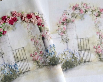 Shabby chic garden gate decorative quilt panel, silk ribbon embroidery panel, victorian quilt panel, shabby chic material, embroidered art