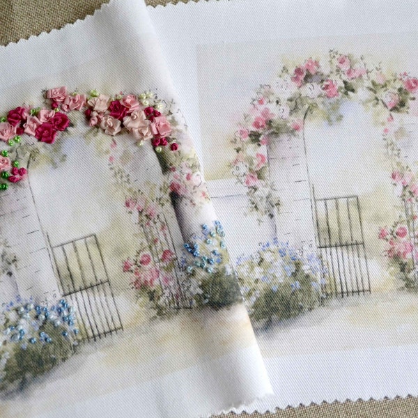 Shabby chic garden gate decorative quilt panel, silk ribbon embroidery panel, victorian quilt panel, shabby chic material, embroidered art