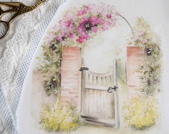 Shabby chic garden gate decorative quilt panel, silk ribbon embroidery panel, victorian quilt panel, shabby chic material