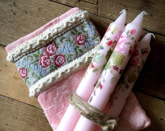 Candles pouch and hand painted pink candles, French shabby chic Valentine gift