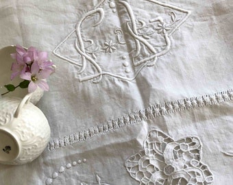 1920s French linen embroidered sheet border, F L monogram