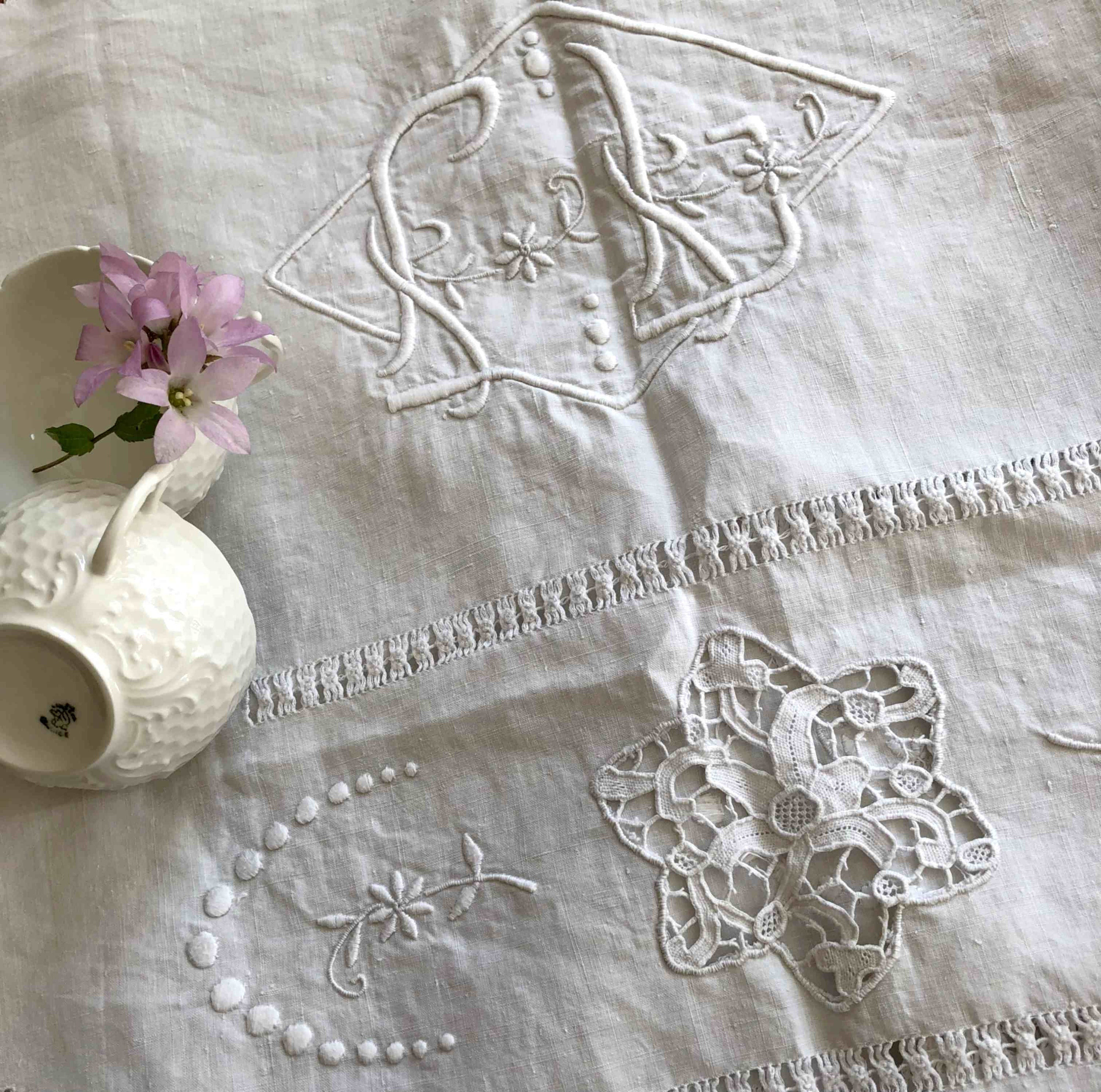 刺繍アンティークリネンシーツボーダー、モノグラムF L - Etsy 日本