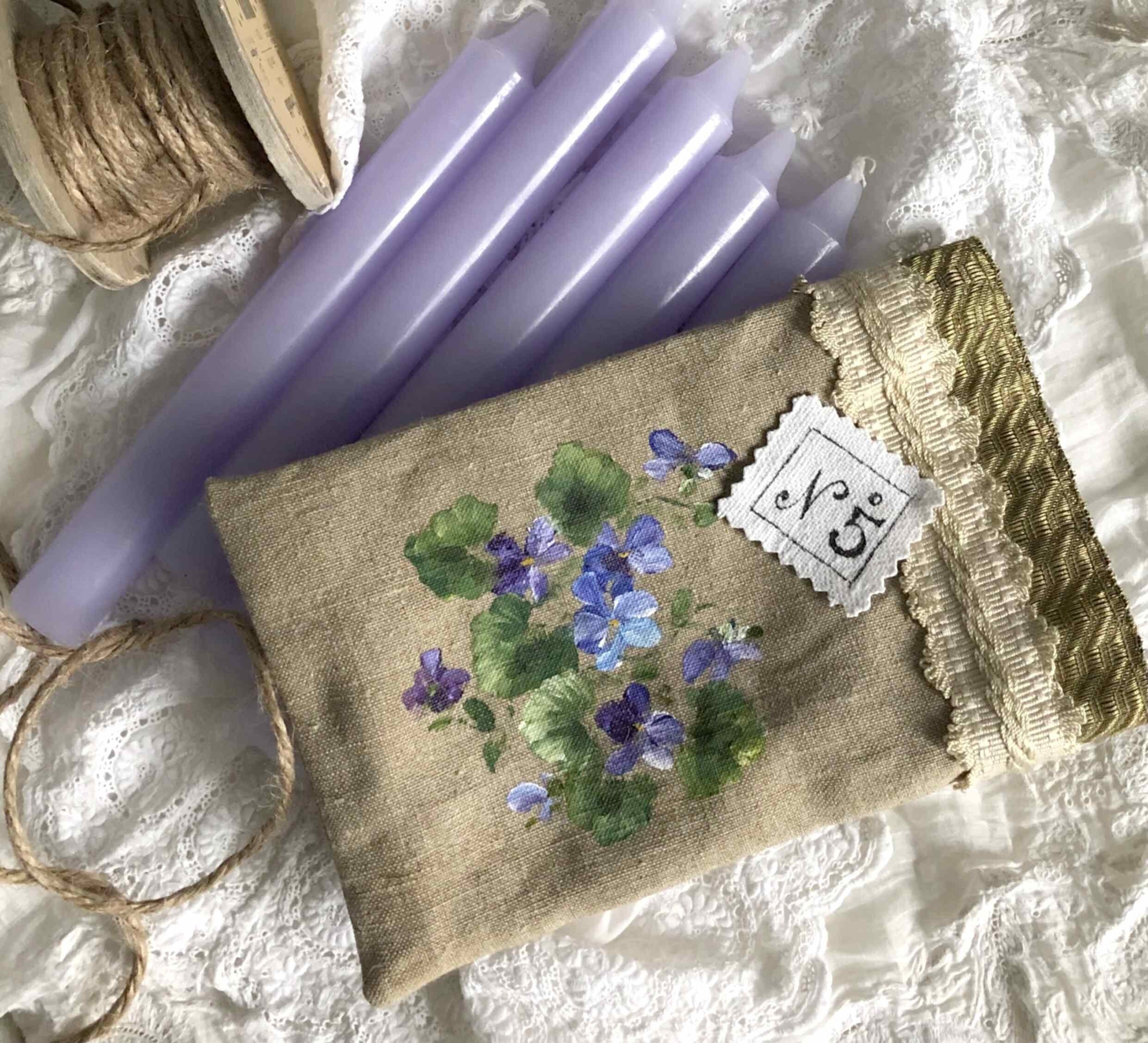 Pochette à Bougies en Lin et 5 Bougies, Cadeau Shabby Chic