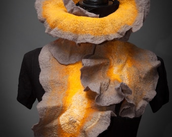 Felted Grey Golden Shawl "Candlelight" (Nuno felted scarf, merino wool,silk, viscose, wrap shawl, felted art, handmade)