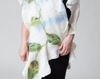 White Felted Scarf: "Leaf motive"  Nuno Felted Scarf (merino wool, silk, wrap shawl, nuno felt, felted art, felt scarf)