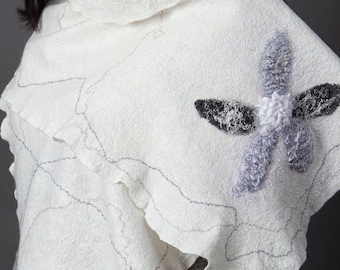 White Felted Scarf: "Snow Flower"  Nuno Felted Scarf (merino wool, silk, viscose, wrap shawl, nuno felt, felted art, felt scarf)