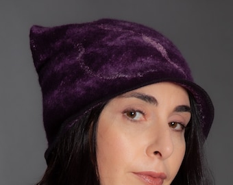 Amethyst Felt Hat (Dark Purple Felt Cloche, Merino wool, handmade, made to order)