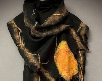 Black Felted Scarf: "Midnight Light" (Nuno felted scarf with a fringe, merino wool, silk, handmade, felted art, Made to order)