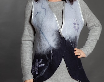 Felted Blue Vest "Lilac" (Nuno felted sleeveless cardigan, merino wool,  blue, light blue,  felted art, handmade)