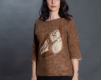 Maglione in feltro marrone terra "Leaf Motif"