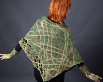 Nuno felt Green Bolero Shrug "Forest Magic" (Nuno felted cardigan, merino wool, cotton, felted art, handmade)