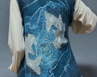 Felted Blue Green Vest "Catfish" (Nuno felted sleeveless cardigan, merino wool,  blue, green,  felted art, handmade)