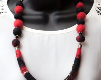 Classic "Black and Red Zip" Hand Felted Necklace with Swarowski beads