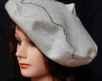 Snow White Felted Beret (Merino wool, silk thread, handmade)