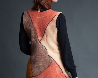 Felted Orange and Copper Vest "Desert Valley" (Nuno felted sleevless cardigan, merino wool, copper,  felted art, handmade)