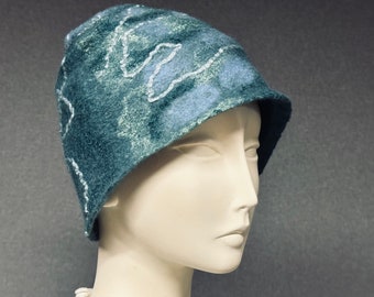 Blue Green Funky Felted Hat (Merino wool, silk thread, handmade)