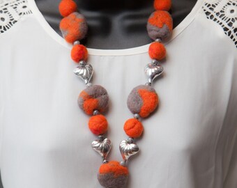 Felted necklace "Love, October" - orange, heart shape, hand felted beads