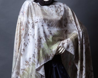 Long Silk Eco-Printed throw "Green Fern" - white, grey, green, orange