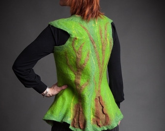 Nuno infeltrito Green Sleevless Vest "Oaks" (Nuno infeltrito cardigan senza maniche, lana merino, arte infeltrita, fatto a mano)