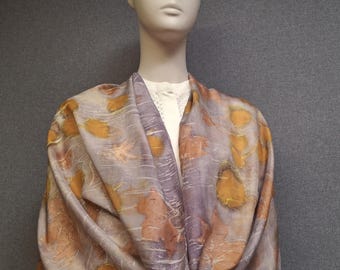 Long Silk Eco-Printed scarf "Maple Toffee" - toffee, bronze, maple, green