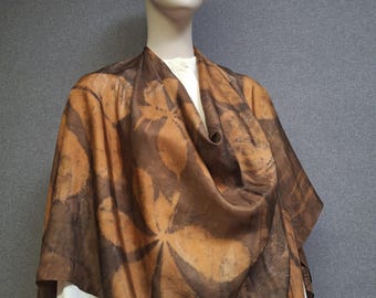 Long Silk Eco-Printed scarf "Golden Chestnut" - gold, bronze, green