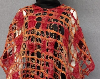 Exquisite Felted Orange-Red and Beautiful Azure Poncho from PixieFelt