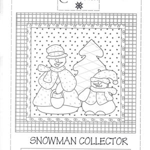 Op de afbeelding: Zwart-wit lijntekening van twee sneeuwmannen en een kerstboom. De tekst "SNOWMAN COLLECTOR" staat onderaan, met "FLORENCE & EARL" en "#SCSC-05" eronder. Het logo van The Stitch Connection staat bovenaan.