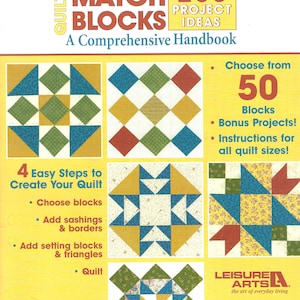 以下が含まれることがあります： 「MIX and MATCH BLOCKS」というタイトルの本の表紙で、「OVER 200 PROJECT IDEAS」と書かれています。表紙には、さまざまな色とパターンでキルトブロックのデザインが描かれています。「A Comprehensive Handbook」と「4 Easy Steps to Create Your Quilt」というテキストが含まれています。