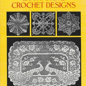 May include: A book cover with a yellow background and the title "150 Favorite Crochet Designs". The cover features three black and white images of crocheted doilies and a larger image of a crocheted tablecloth.