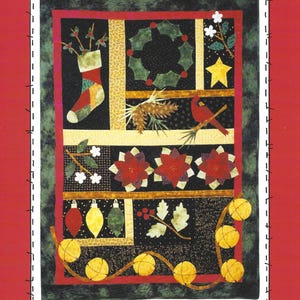 May include: A quilted wall hanging titled "Holiday Sampler," measuring 28" x 38". The design features Christmas motifs like a stocking, holly, poinsettias, and ornaments. The background is a mix of black, red, and green fabrics.