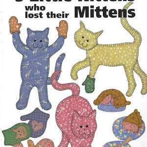 Puede incluir: Ilustración colorida de "Los 3 gatitos que perdieron sus mitones". La imagen presenta tres figuras de gatos en azul, amarillo y rosa, cada una con mitones. También se ven platos, pastel y el nombre del autor.