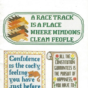 May include: A vintage cross stitch pattern booklet with three designs. The first design features a race track with the text "A race track is a place where windows clean people". The second design features a cat and a mouse with the text "Confidence is the cocky feeling you have just before you know better". The third design features a scroll with the text "All the constitution guarantees is the pursuit of happiness; you have to catch up with it yourself."