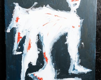 May include: Abstract painting on canvas. A white figure with red accents is depicted against a dark blue background. The figure has an X over the eyes. The artwork is signed and numbered.