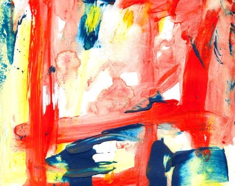 May include: Abstract painting with bold strokes of red, blue, and yellow paint on a white background.