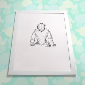 Puede incluir: Un dibujo en blanco y negro de una persona sentada en una mesa con la cabeza gacha, que parece estar trabajando en algo.
