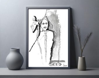 May include: Black and white ink drawing of two figures, one standing behind the other. The figure in front has a large, exaggerated face with a wide mouth and a prominent nose. The drawing is framed in a black frame and has the word "SEED" written at the bottom.