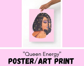 Art Poster - Queen Energy - Liz Brent - Acrylic - Art Print - Natural Hair - Makeup - Black Art - Art - Painting